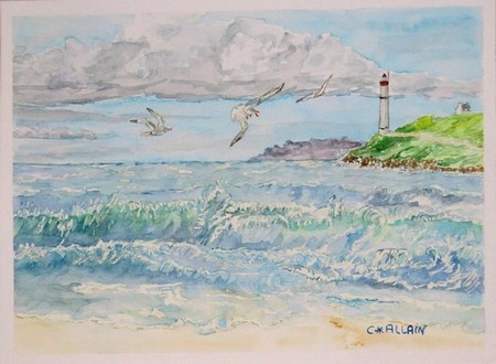 aquarelle, vagues,mouettes et phare.