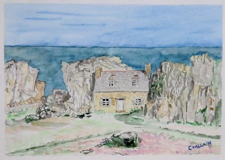 aquarelle, maison dans les rochers.
