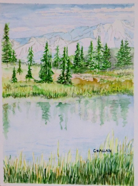 aquarelle, montagnes, sapins et lac.