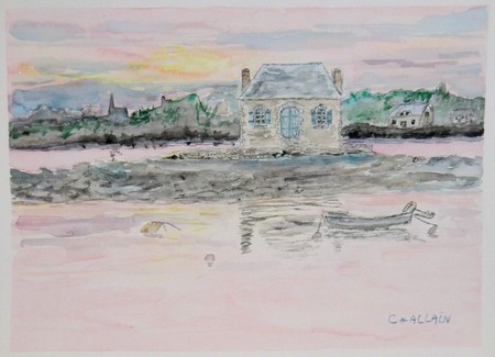 aquarelle, maison en bord de mer.