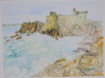 aquarelle, fort en bord de mer.