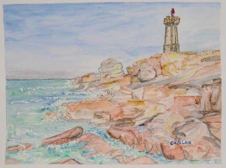 aquarelle, phare et rochers.