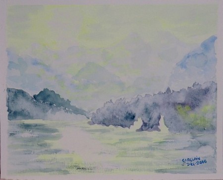 aquarelle, brume sur la mer.