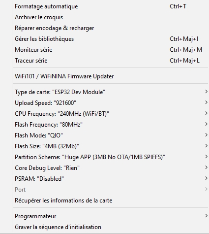 Choix carte ESP32 dans onglet 